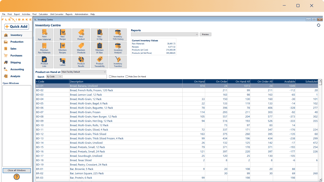 FlexiBake ERP dashboard showing inventory management